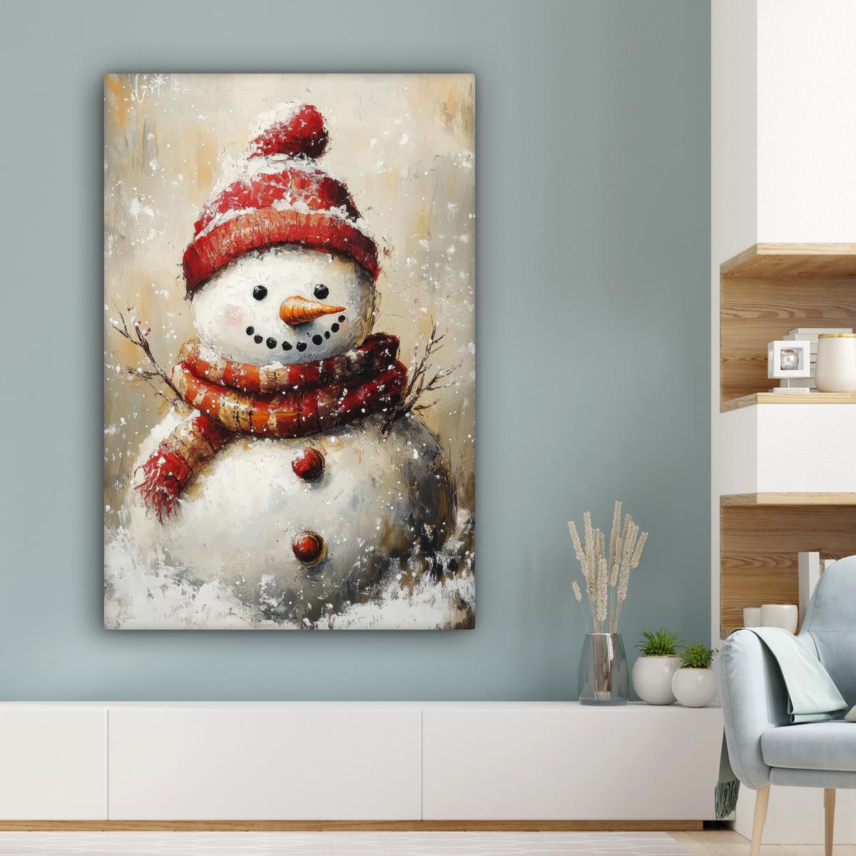 LEINWANDBILD Schneemann - Winter - Schnee - Beige Deko XXL 80x120 cm - Weiß, Textil (80/120cm) - MuchoWow