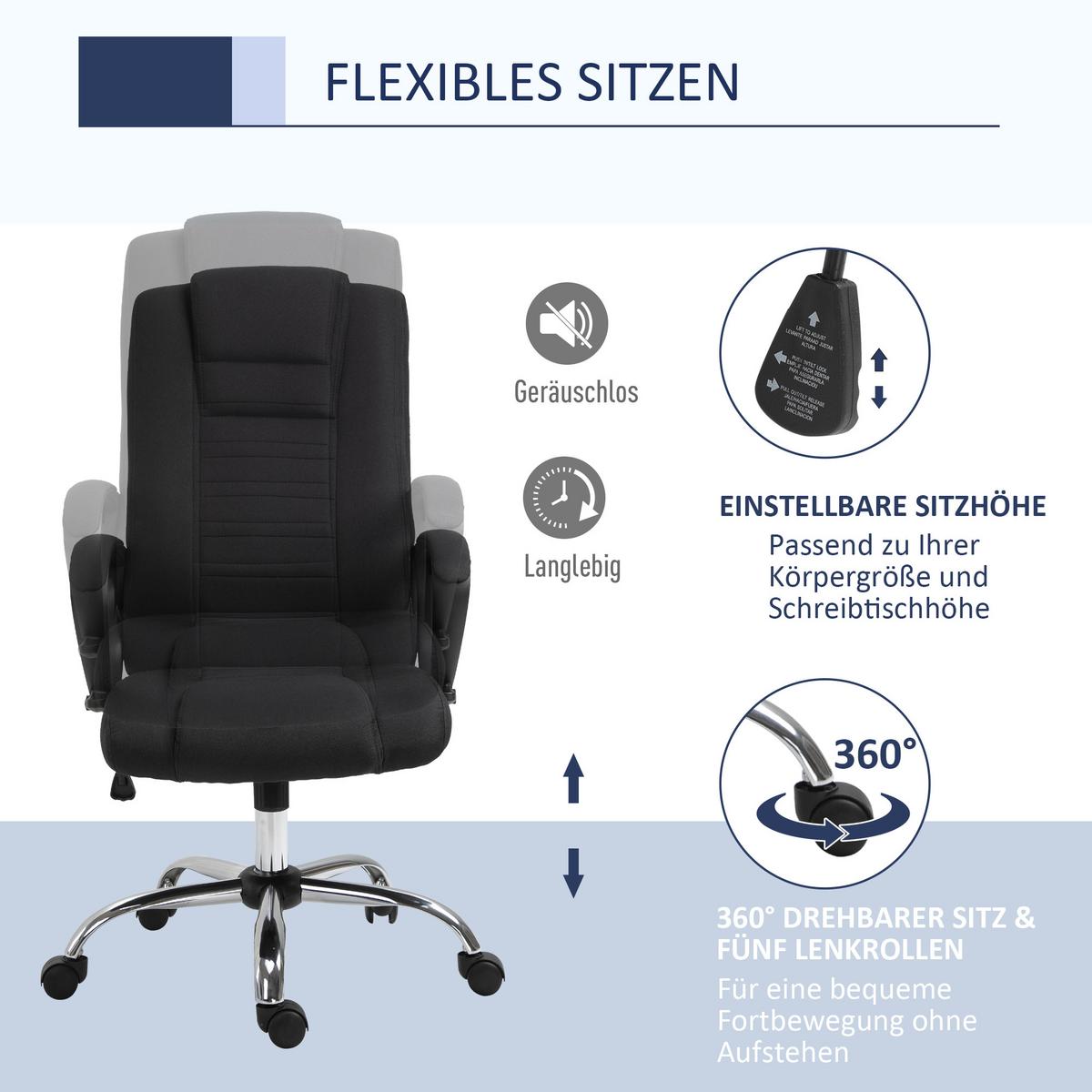 BÜROSTUHL Computerstuhl mit Wippenfunktion höhenverstellbar drehbar Leinen-Touch - Schwarz, Kunststoff (62/119/76cm) - Vinsetto
