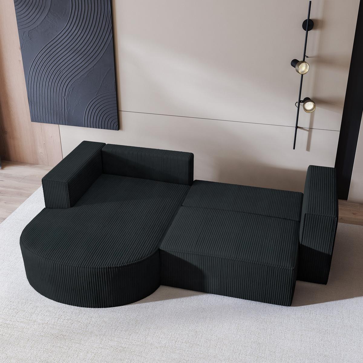 ECKSOFA SORELA P L-S Schwarz Kordstoff mit Schlaffunktion - Schwarz, Holz (263/174cm) - MASSENO
