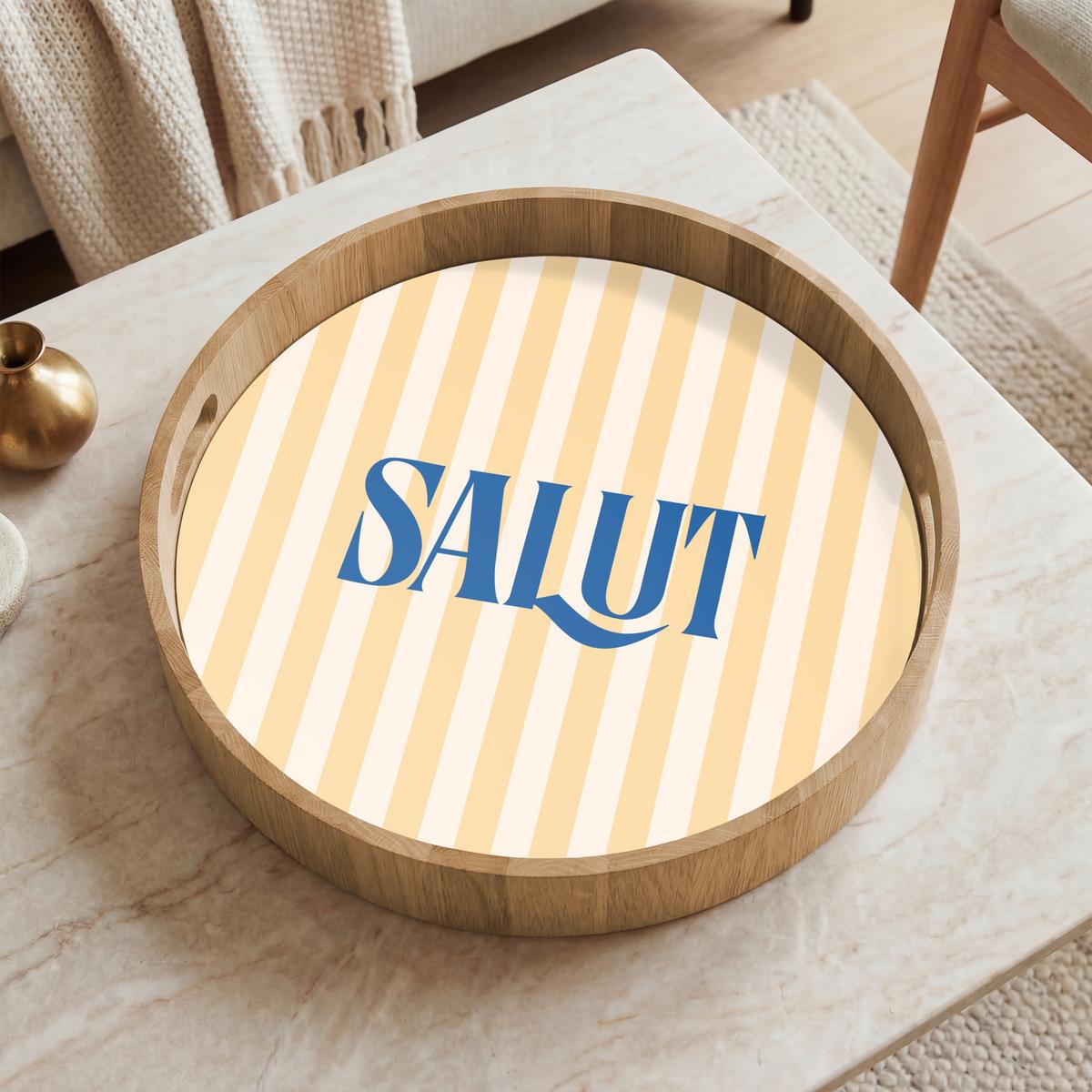 TABLETT Salut - Zitat - Streifen - Gelb - Blau - Weiß 40x40 cm - Beige, Holz (40/5/5cm) - OnlyWow