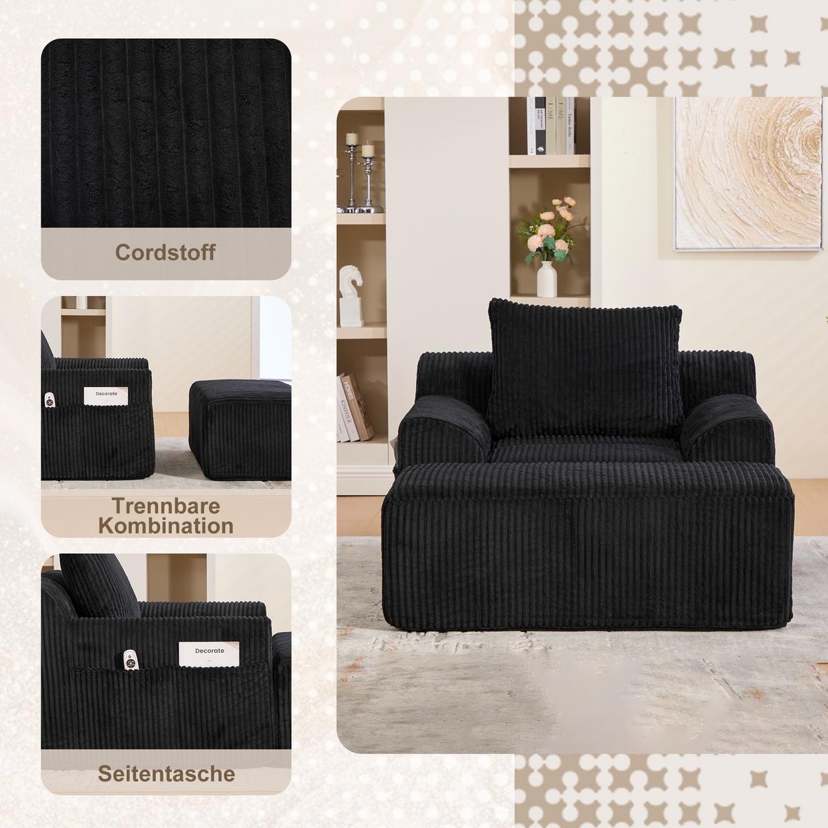 SESSEL mit Hocker in Cord Übergroßer Relaxsessel - Schwarz, Textil (110/67/147cm) - Urban Meuble