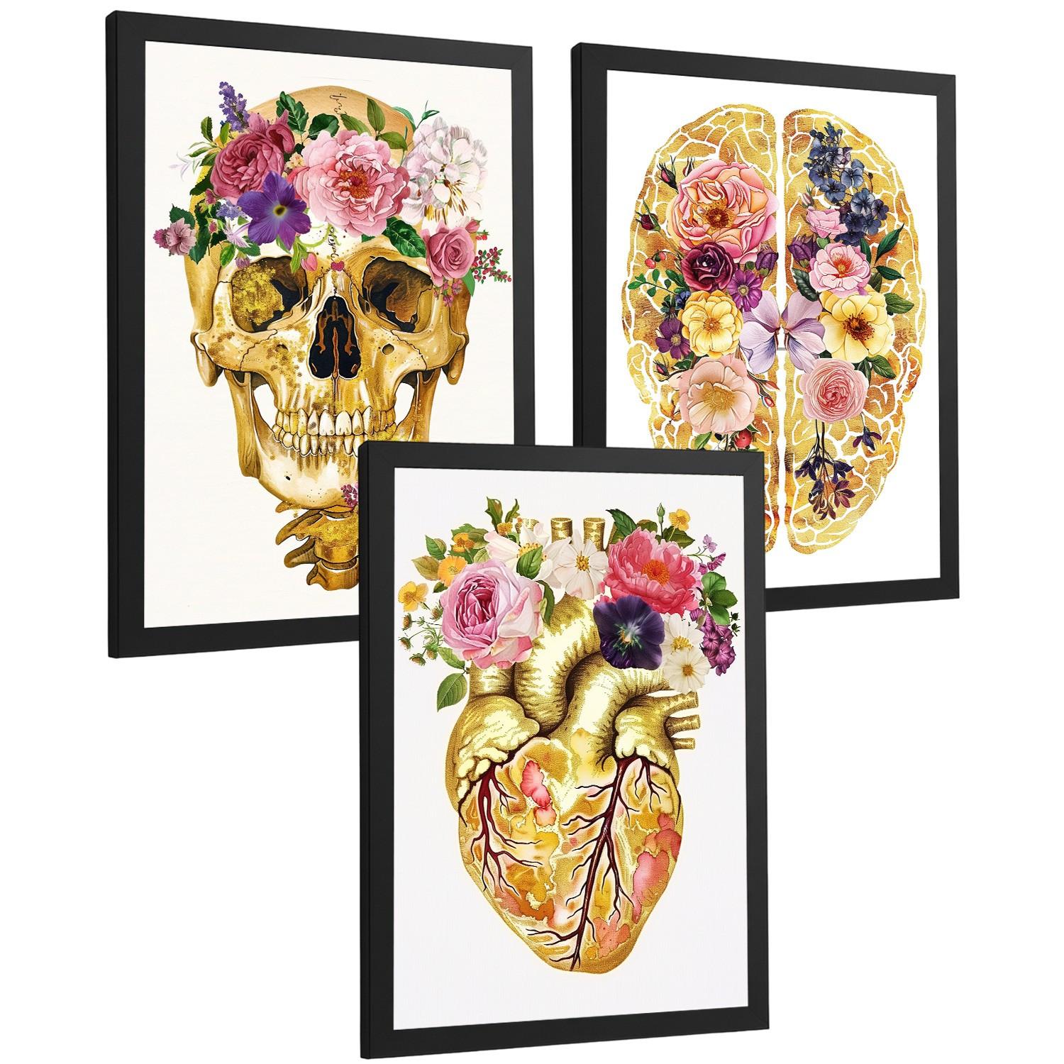 POSTER Set aus 3 Anatomie Mensch Drucke und mit Schädel Gehirn und Herz Goldene Florale Künstlerische Illustration Größe Schwarzer Rahmen A3 - Schwarz, Papier (29.7/42/3cm) - Nacnic