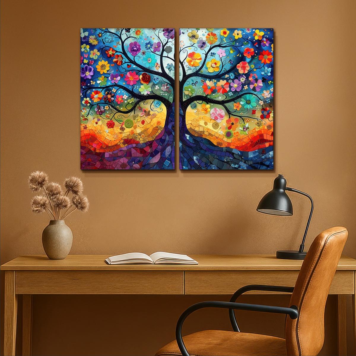 LEINWANDBILD 2er Set Bunt - Baum des Lebens - Blumen - Abstrakt 80x60 cm - Blau, Textil (80/60cm) - MuchoWow