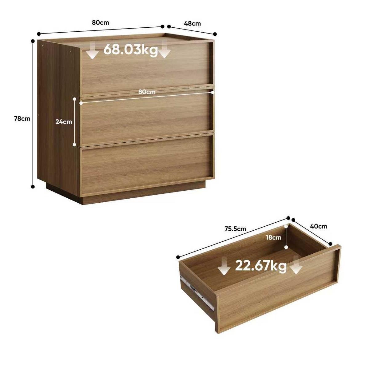 NACHTTISCH 80 cm Eiche – Nachtkommode mit 3 Schubladen & Kippsicherung - Eichefarben, Holzwerkstoff (80/78/48cm) - Urban Meuble