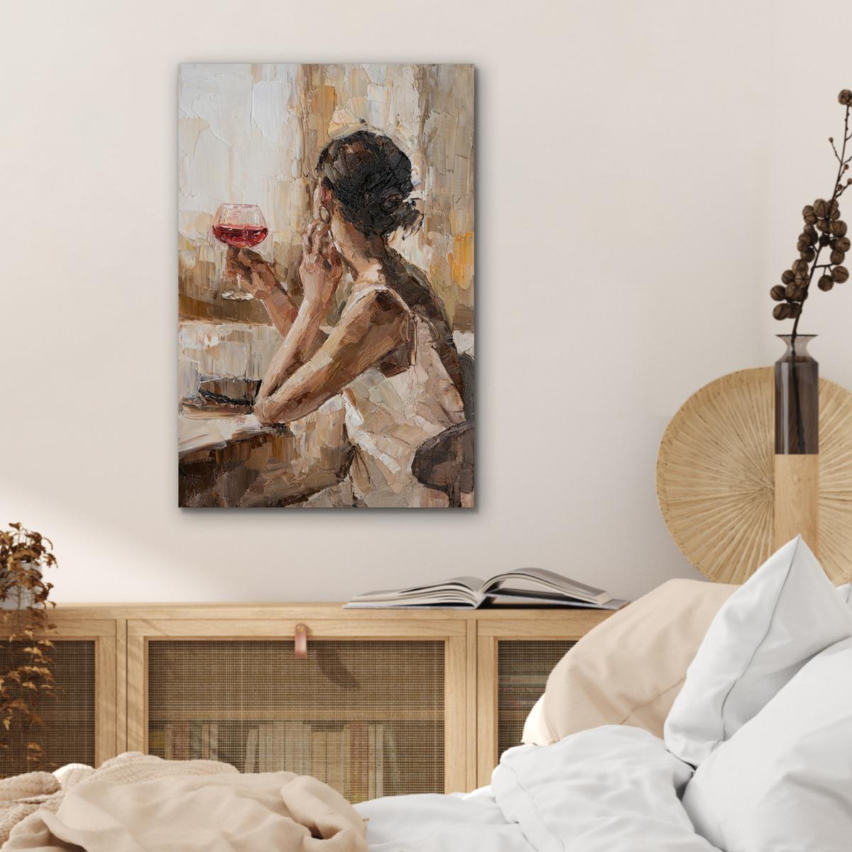 METALLBILD Ölgemälde - Frau - Wein Deko Schlafzimmer 40x60 cm - Hellbraun, Metall (40/60cm) - MuchoWow