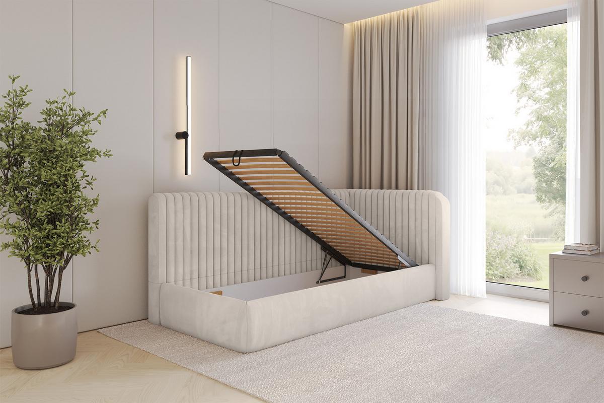 EINZELLBETT Jugendbett mit Bettkasten und Matratze H3/H4, Links - AURY 90x200 Beige - Ecru, Holzwerkstoff/Textil (90/200cm) - ALTDECOR
