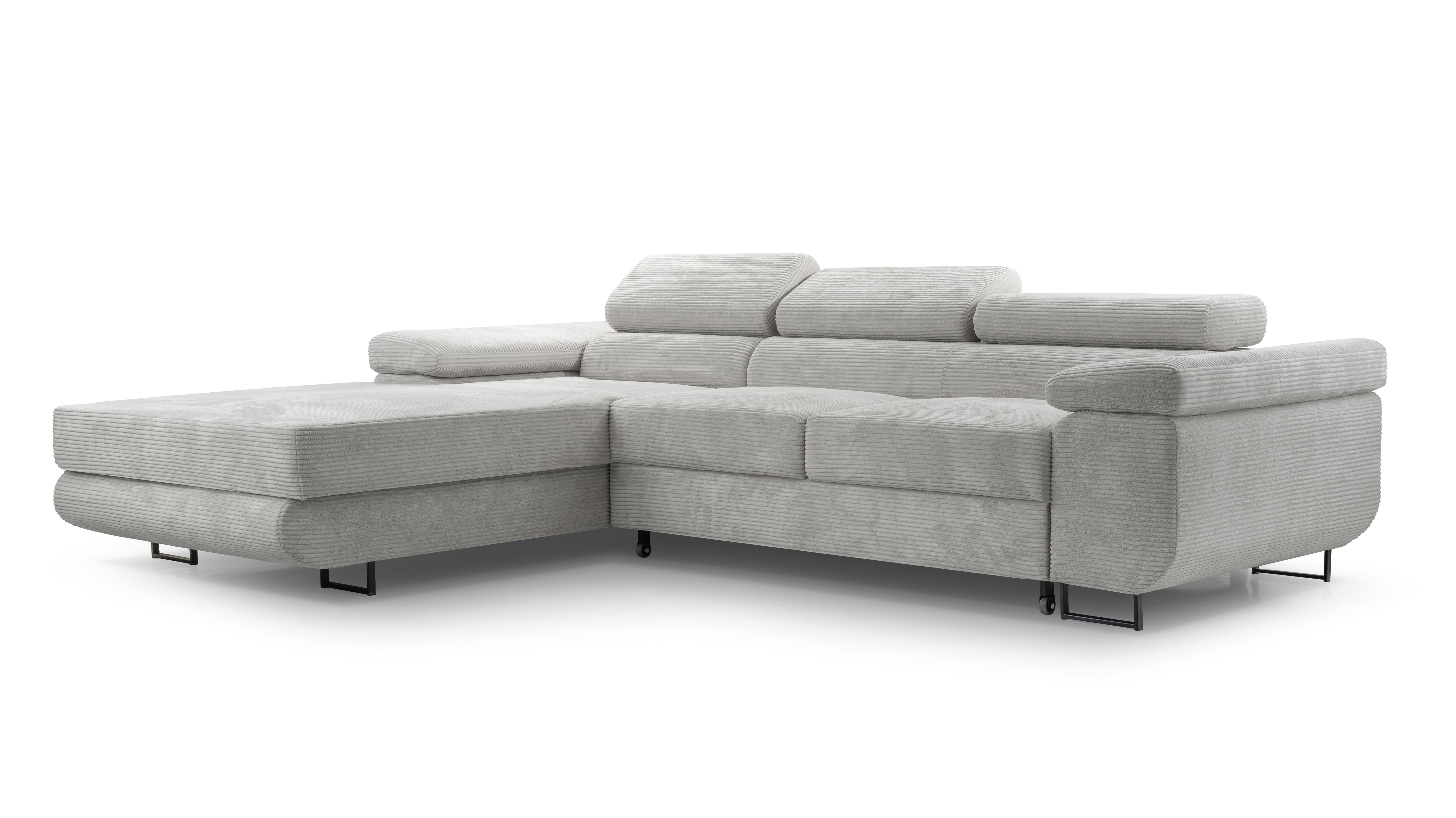 ECKSOFA GIULIO Grau Velours-Stoff mit Schlaffunktion - Grau, Holz (280/203cm) - MASSENO