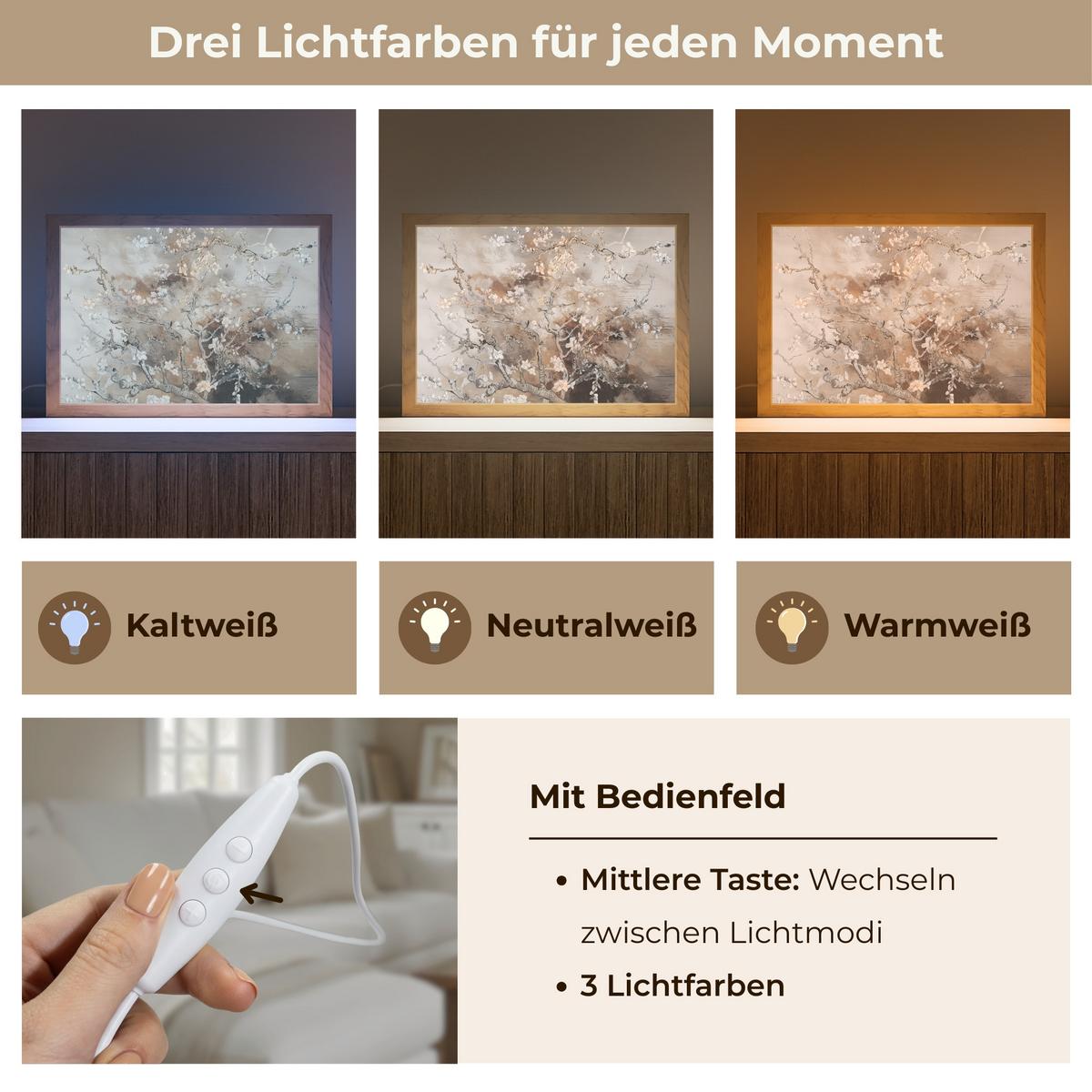 TISCHLEUCHTE Mandelblüte - Kunst - Van Gogh - Beige - Abstrakt 30x20 cm - Ahornfarben, Holzwerkstoff (8/30/20cm) - OnlyWow