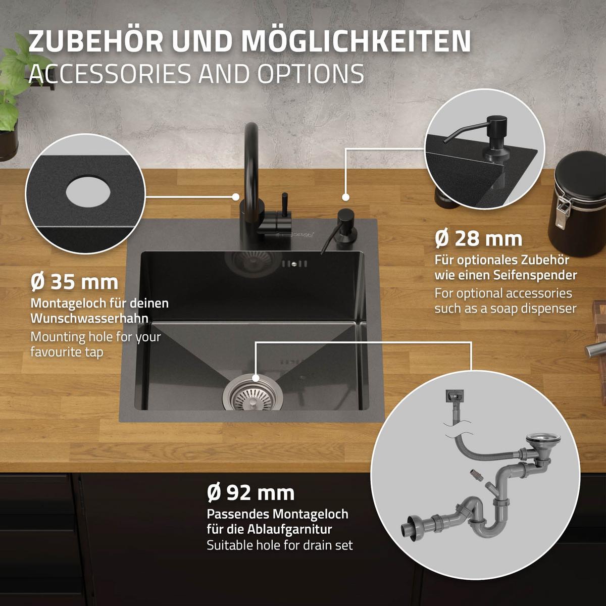 SPÜLBECKEN aus Edelstahl 45x45 cm Anthrazit mit Siphon Küchenspüle eckig - Anthrazit, Metall (45/19/45cm) - ML-DESIGN