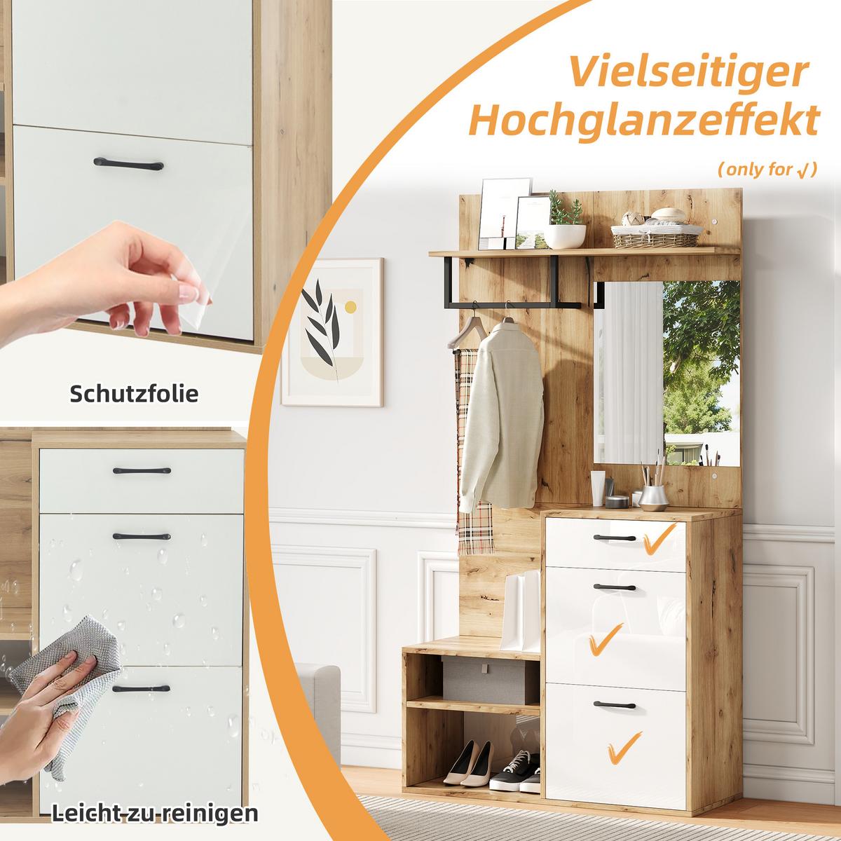 GARDEROBEN-SET 100 cm Weiß Hochglanz & Natur – Kompaktgarderobe mit Spiegel, Schuhbank & Klapptüren - Naturfarben, Holzwerkstoff (100/190/38.5cm) - Urban Meuble