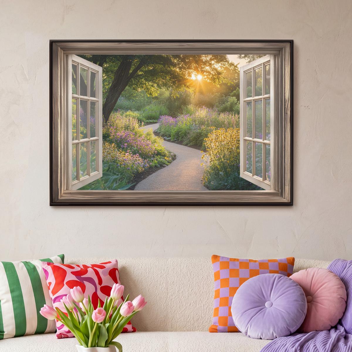 LEINWAND Bilder mit Rahmen - Aussicht - Blumen - Natur - Sonne - Weg - 90x60 - Hellgelb, Textil (90/60cm) - MuchoWow