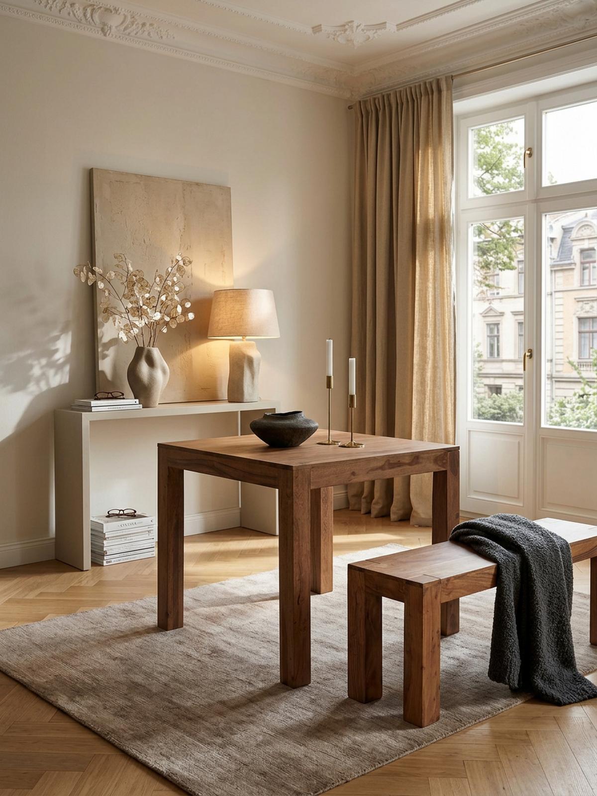 ESSTISCH Massivholz Akazie Rechteckig Handgefertigt NAKO, Beige 80x80x76 cm - Hellbraun/Beige, Akazienholz/Holz (80/80/76cm) - KADIMA DESIGN