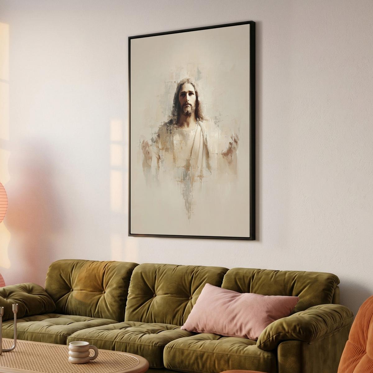 LEINWAND Bilder mit Rahmen - Porträt - Abstrakt - Jesus - Beige - 80x120 - Beige, Textil (80/120cm) - MuchoWow