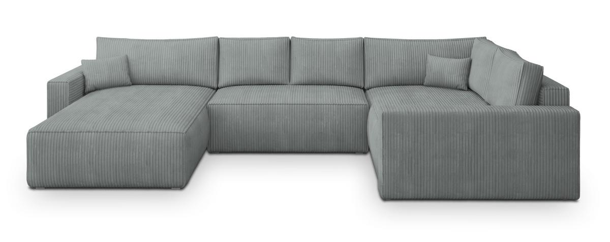 WOHNLANDSCHAFT VELAMI R-S Hellgrau Kordstoff mit Schlaffunktion - Hellgrau, Holz (365/83/194cm) - MASSENO