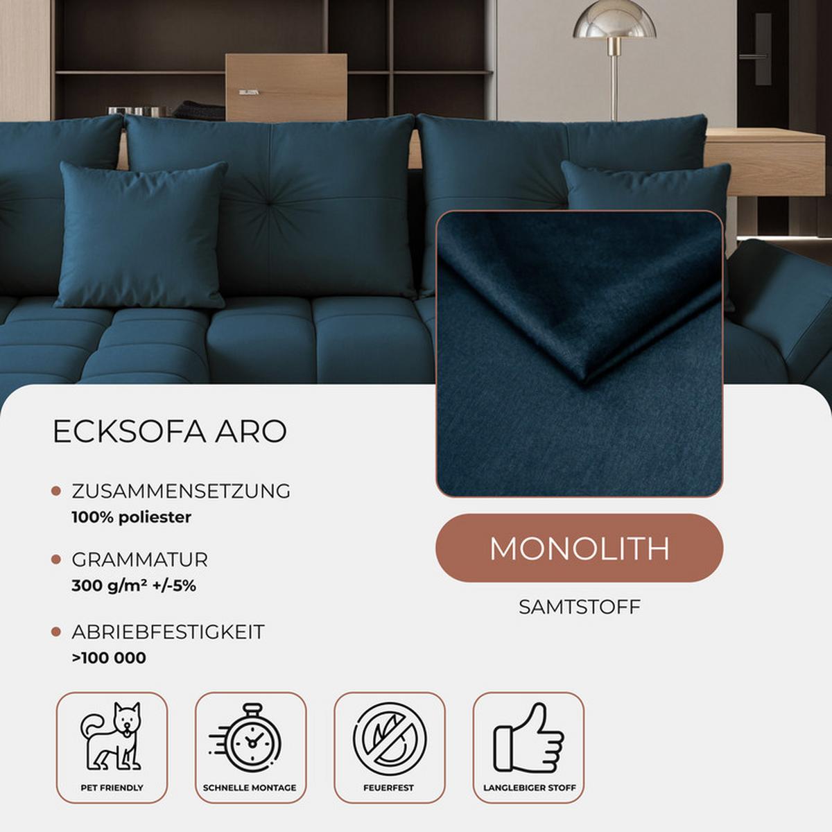 ECKSOFA ARO mit Schlaffunktion und Bettkasten Marineblau - Schwarz/Dunkelblau, Kunststoff/Textil (280/190cm) - Idohome