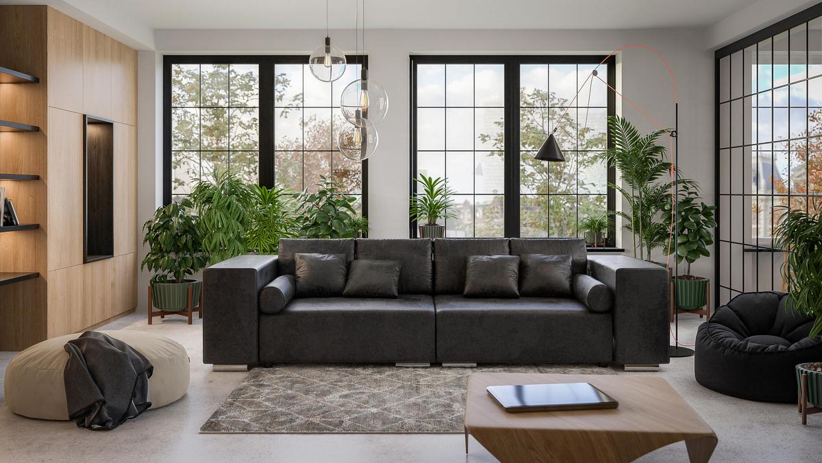 BIGSOFA Rico Anthrazit Microfaser Vintageoptik - Anthrazit/Schwarz, Kunststoff/Textil (290/80/110cm) - S-Style