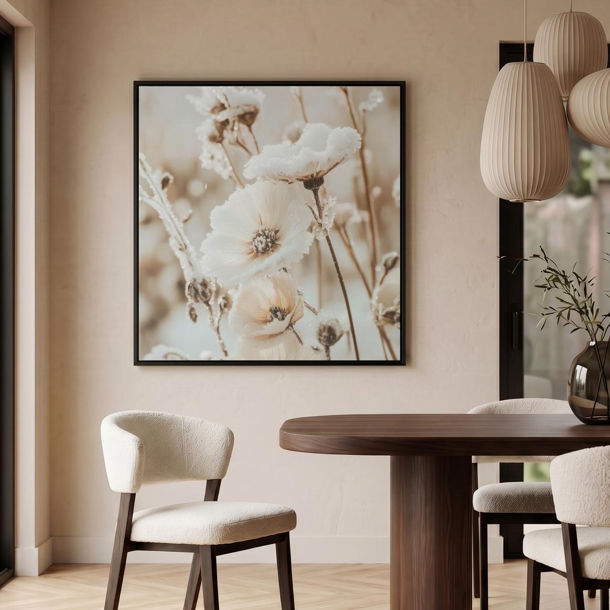 LEINWAND Bilder mit Rahmen - Blumen - Winter - Weiß - Schnee - Beige - 90x90 - Creme, Textil (90/90cm) - MuchoWow