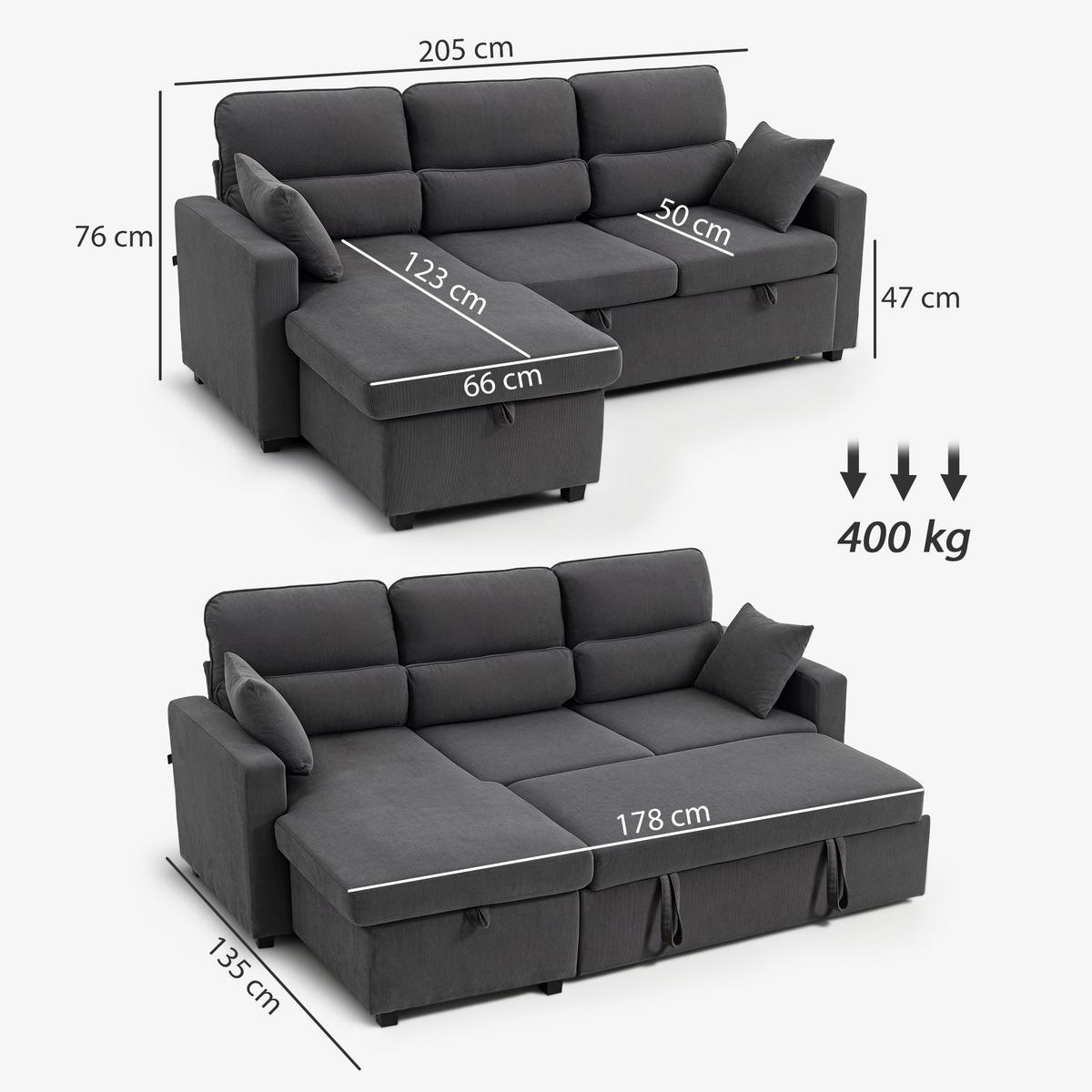 BETTSOFA Verstellbar L-förmiges Gästesofa mit Bettfunktion Kissen - Beige/Schwarz, Kunststoff/Textil (135/205cm) - HOMCOM