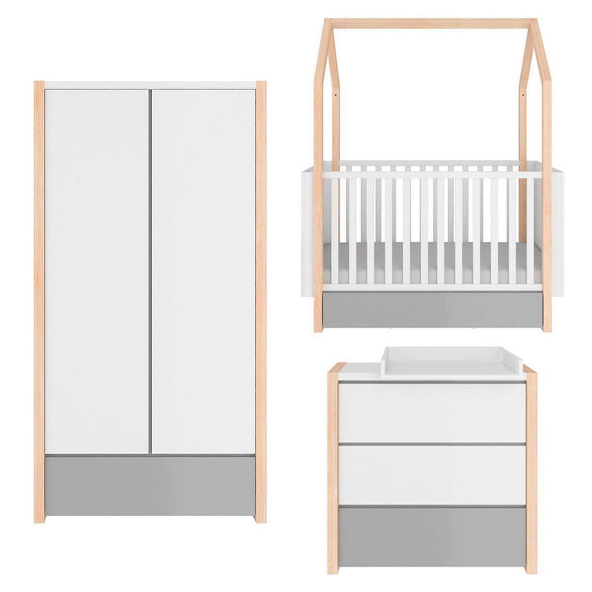 BABYZIMMER 3-teilig Weiß und grau - Weiß, Holzwerkstoff (144/86.5/80cm) - Petits-meubles