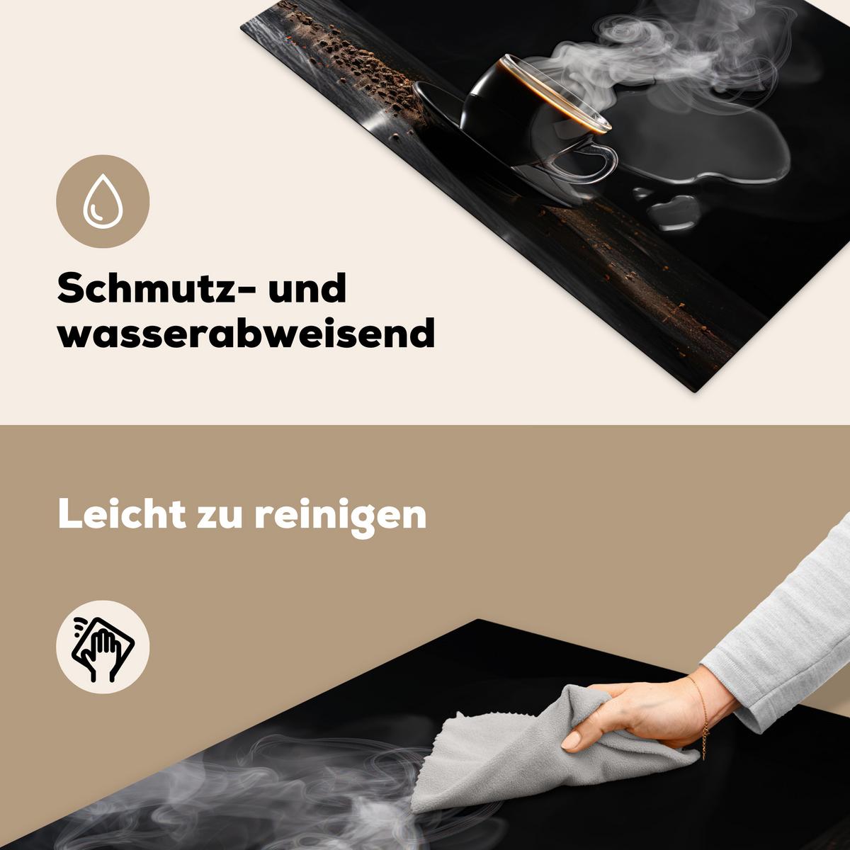 HERDABDECKPLATTE Kaffee - Schwarz - Bohnen - Heiß - Tasse Ceranfeldabdeckung 80x52 cm - Schwarz, Kunststoff (80/52/0.2cm) - MuchoWow