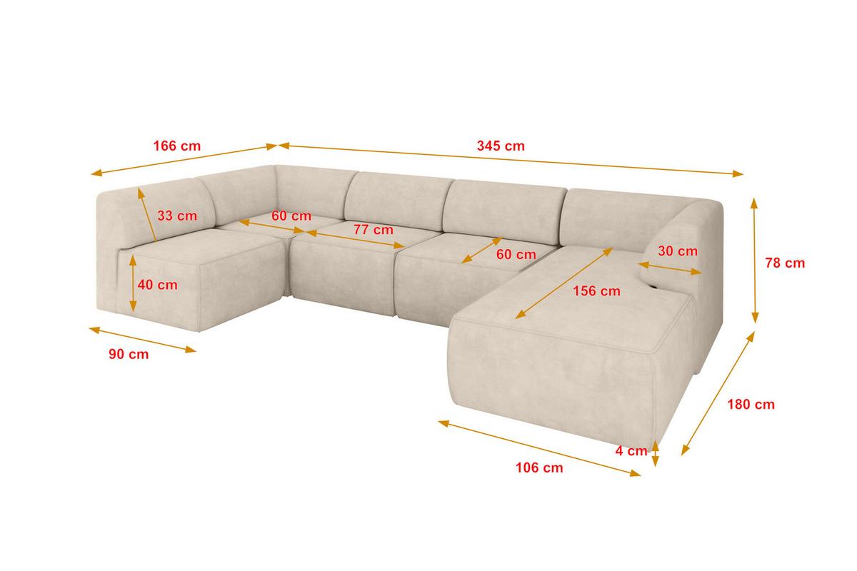 WOHNLANDSCHAFT Ottomane Rechts MOVO-L 345x180x78 cm Beige Velours - Mokka, Holzwerkstoff/Kunststoff (180/78/345cm) - ALTDECOR