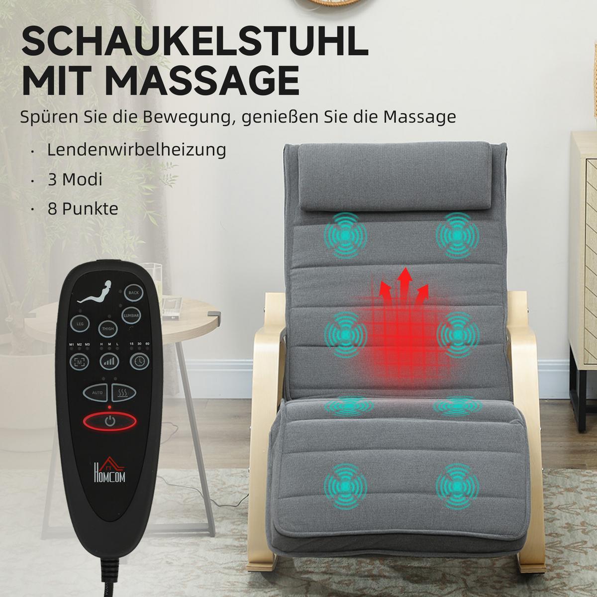 SCHAUKELSTUHL Schaukelsessel mit Massagefunktion, Kopfstütze, Fußstütze, Grau - Naturfarben/Grau, Holz/Textil (67/92/106cm) - HOMCOM