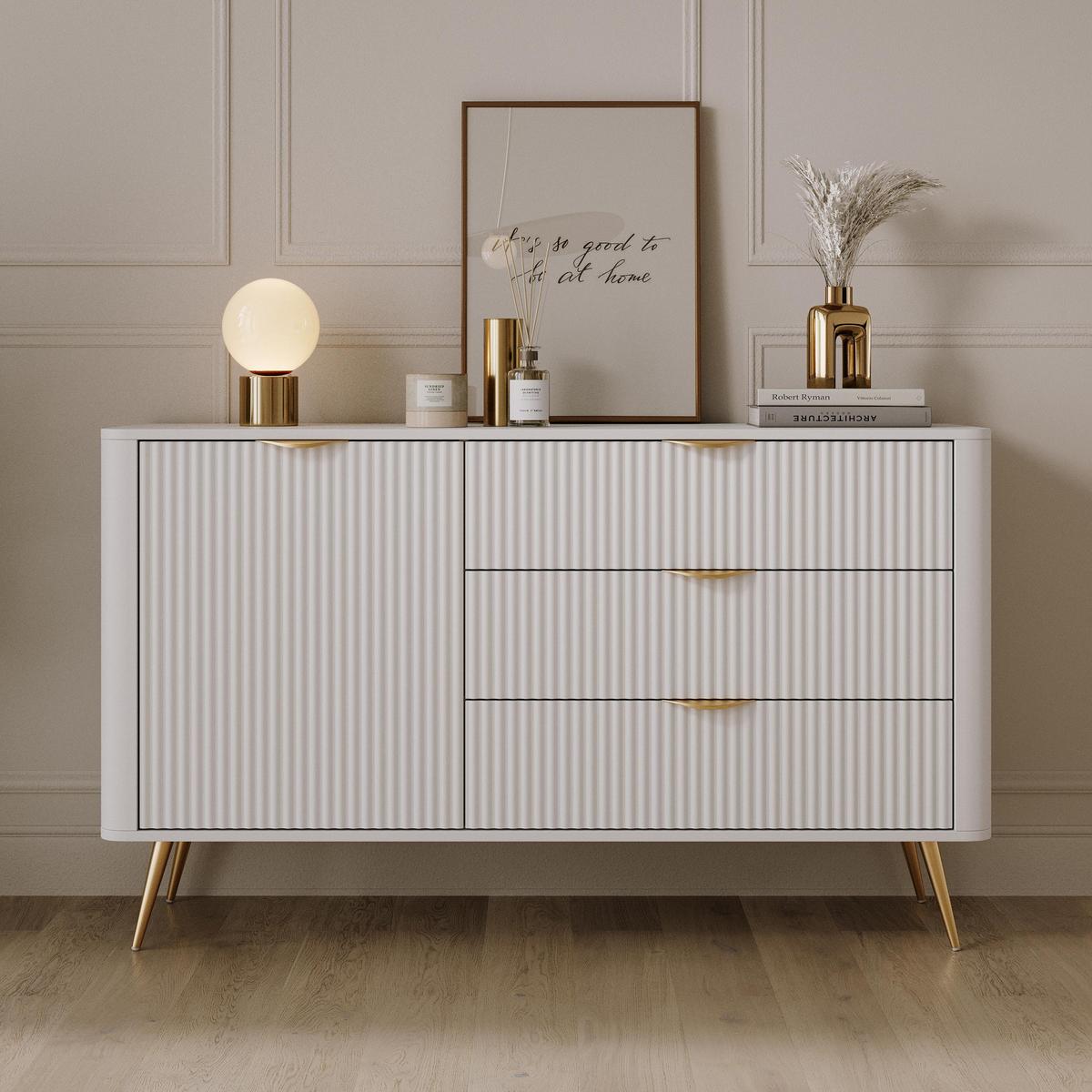 SIDEBOARD Vespasia 1T 3S Beige 138,2/81,2/38 cm – Geriffelte Fronten - Goldfarben/Weiß, Holzwerkstoff/Metall (138.2/81.2/38cm) - AX Living