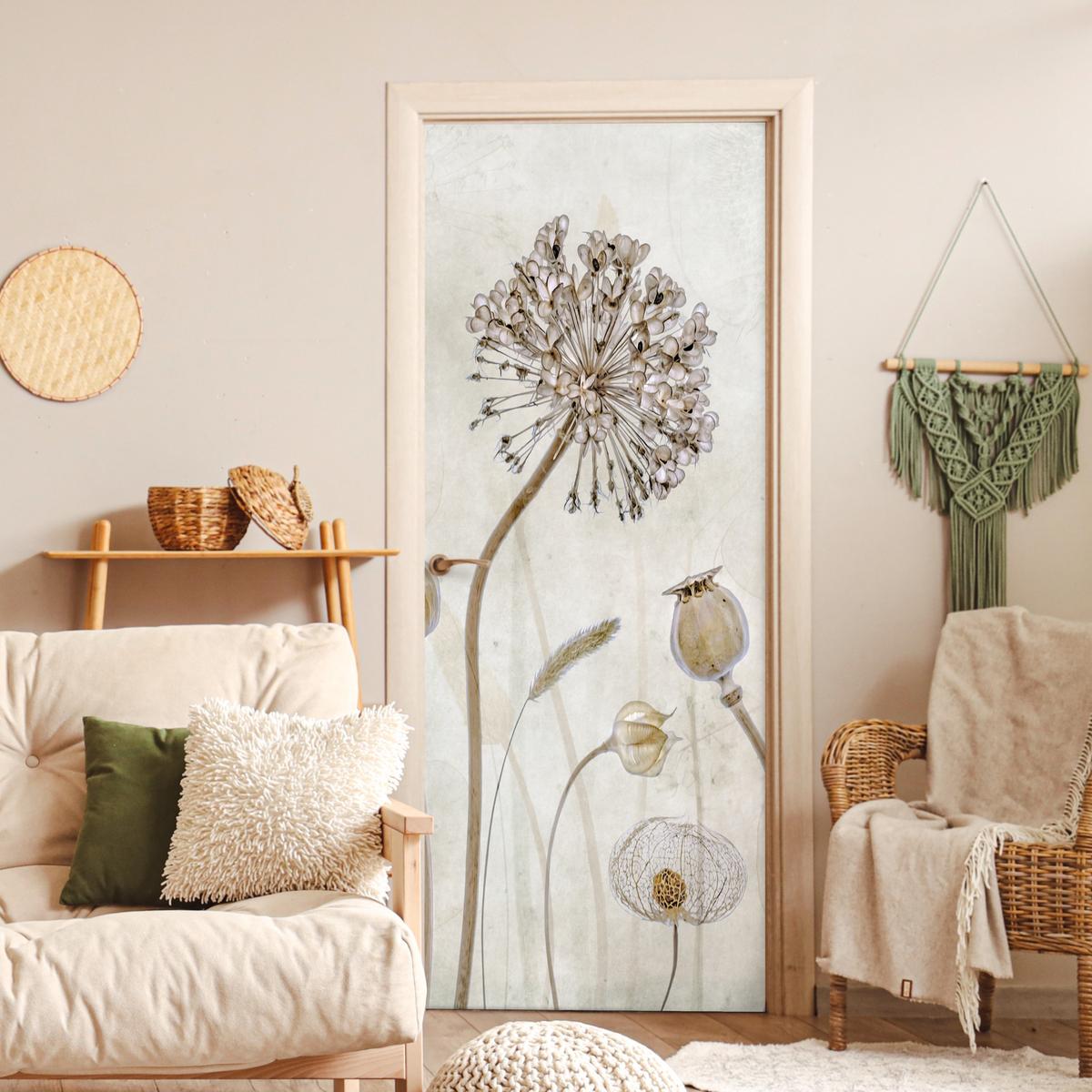 TÜRAUFKLEBER Blumen - Aquarell - Stilleben - Braun - Vintage 85x215 cm - Türtapete - Ecru, Kunststoff (85/0.1cm) - MuchoWow