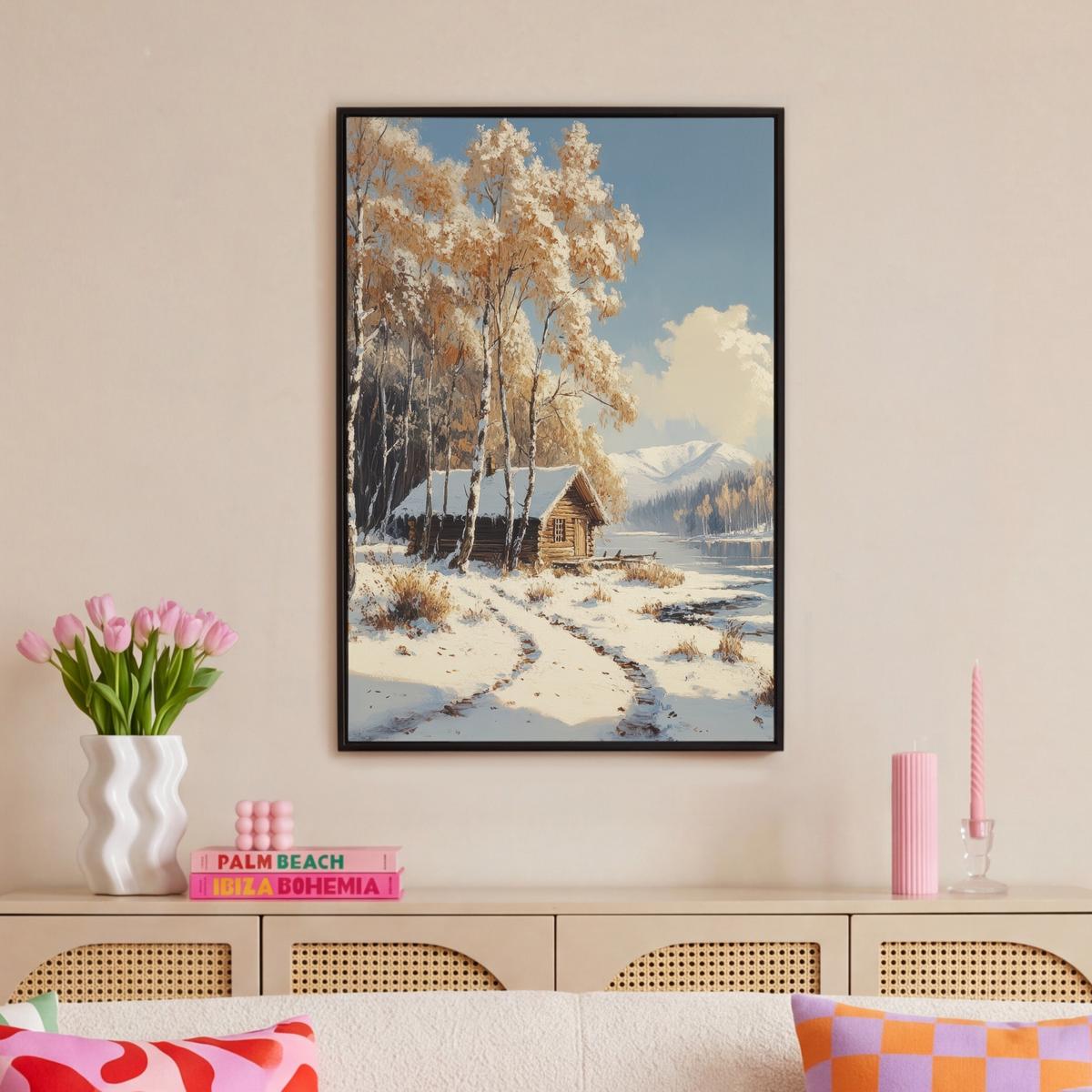 LEINWAND Bilder mit Rahmen - Winter - Schnee - Zuhause - Natur - 60x90 - Hellbraun, Textil (60/90cm) - MuchoWow