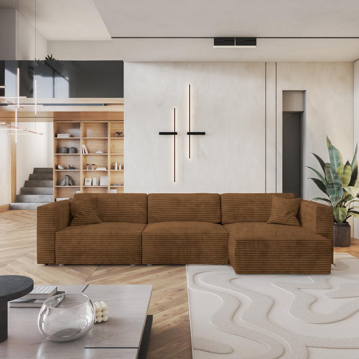 ECKSOFA TOLMO Kupferfarben Kordstoff mit Schlaffunktion - Grau/Kupferfarben, Holz/Kunststoff (347/148cm) - MASSENO