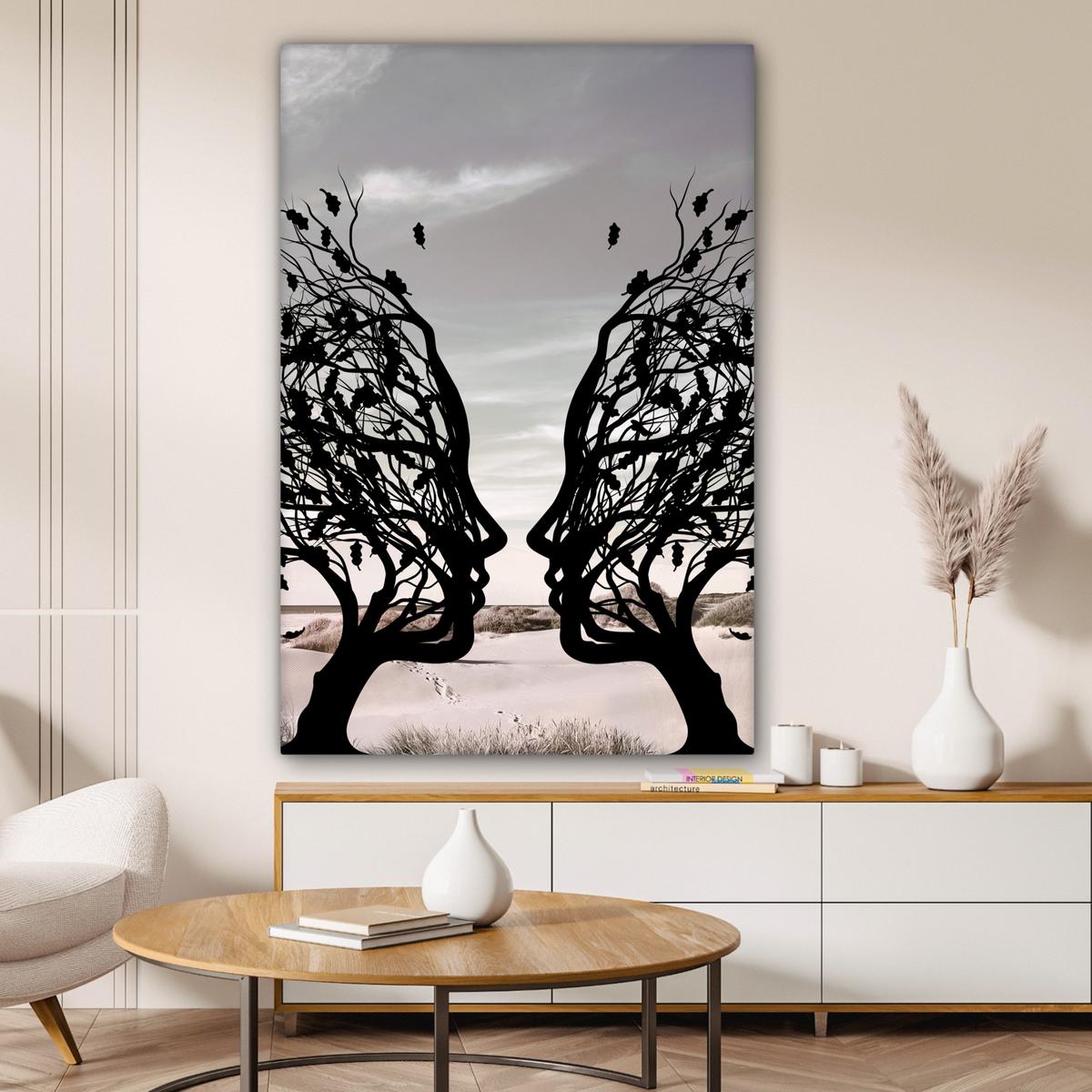 LEINWANDBILD Strand - Meer - Menschen - Baum - Moderne Kunst Deko Groß 90x140 cm - Hellgrau, Textil (90/140cm) - MuchoWow