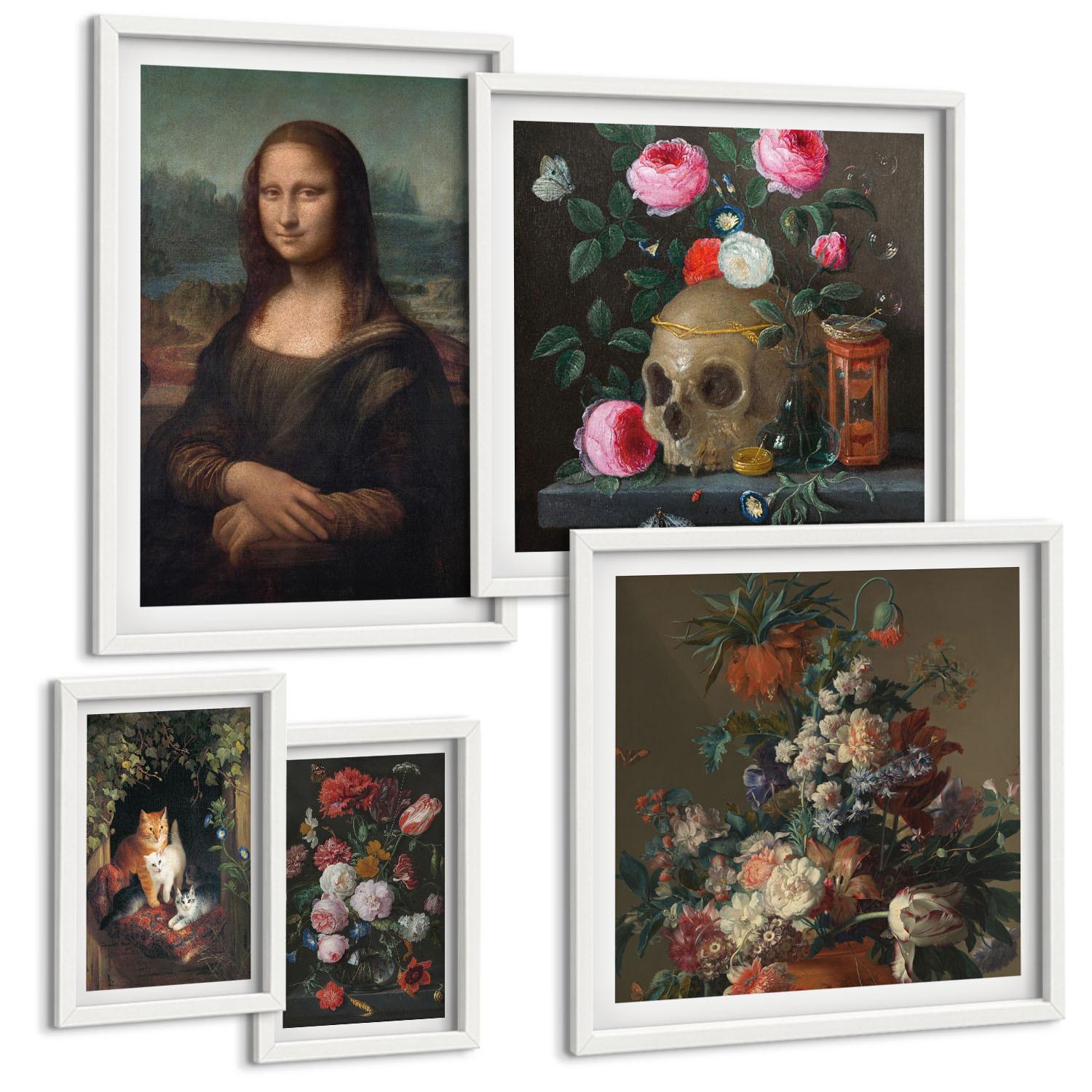 BILDER SET 5er Set - 50x50 cm & 20x30 cm & 40x60 cm Weißer Rahmen - Vintage Blumen Totenkopf Mona Lisa - Weiß, Kunststoff (40/60cm) - TULUP