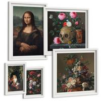 BILDER SET 5er Set - 50x50 cm & 20x30 cm & 40x60 cm Weißer Rahmen - Vintage Blumen Totenkopf Mona Lisa - Weiß, Kunststoff (40/60cm) - TULUP