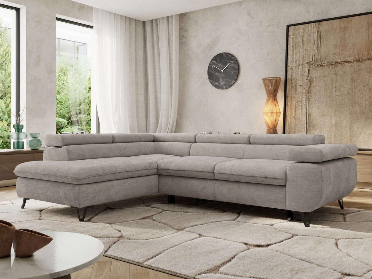 ECKSOFA PABLO L Hellgrau Schenille glatt - Links Seite mit T25 Topper - Hellgrau/Schwarz, Textil/Metall (208/273cm) - MKS