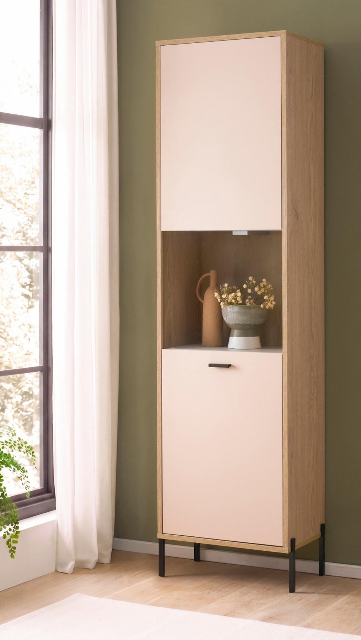 VITRINE Kaschmir, Eiche 54 x 204 cm, VITRINEnschrank mit Soft-Close - Kaschmir/Eichefarben, Glas/Holzwerkstoff (54/204/35cm) - Furn.Design
