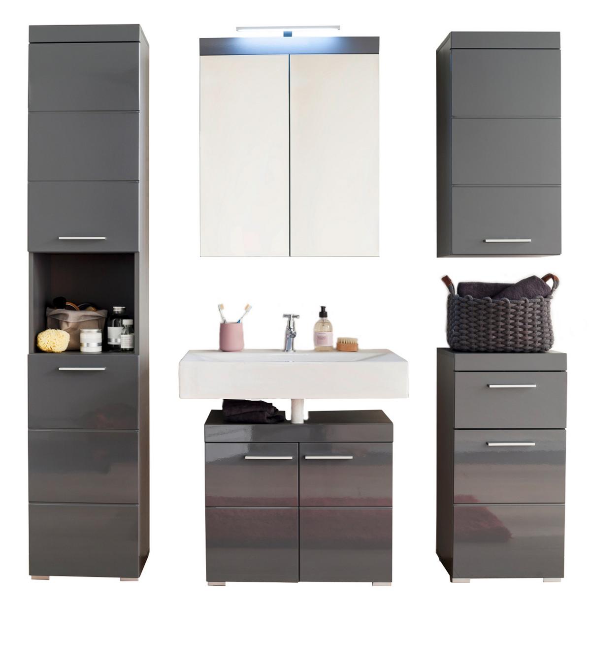 BADMÖBEL-SET grau Hochglanz 6-teilig 163 x 190 cm, Komplett-Set inklusive Beleuchtung - Grau, Glas/Holzwerkstoff (163/190/34cm) - Top.Furn