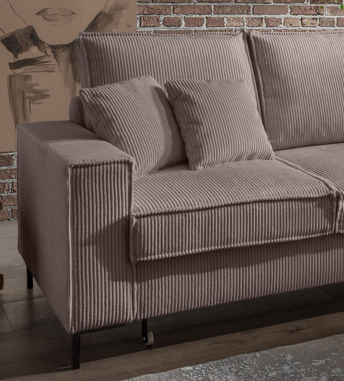 ECKSOFA mit Schlaffunktion, Bettkasten, Wellenunterfederung, Récamiere rechts B240/T150/H92 cm, Liegefl. 125x198 cm, Cord Braun Taupe / 17222 - Schwarz/Braun, Textil/Metall (240/150cm) - luma-home