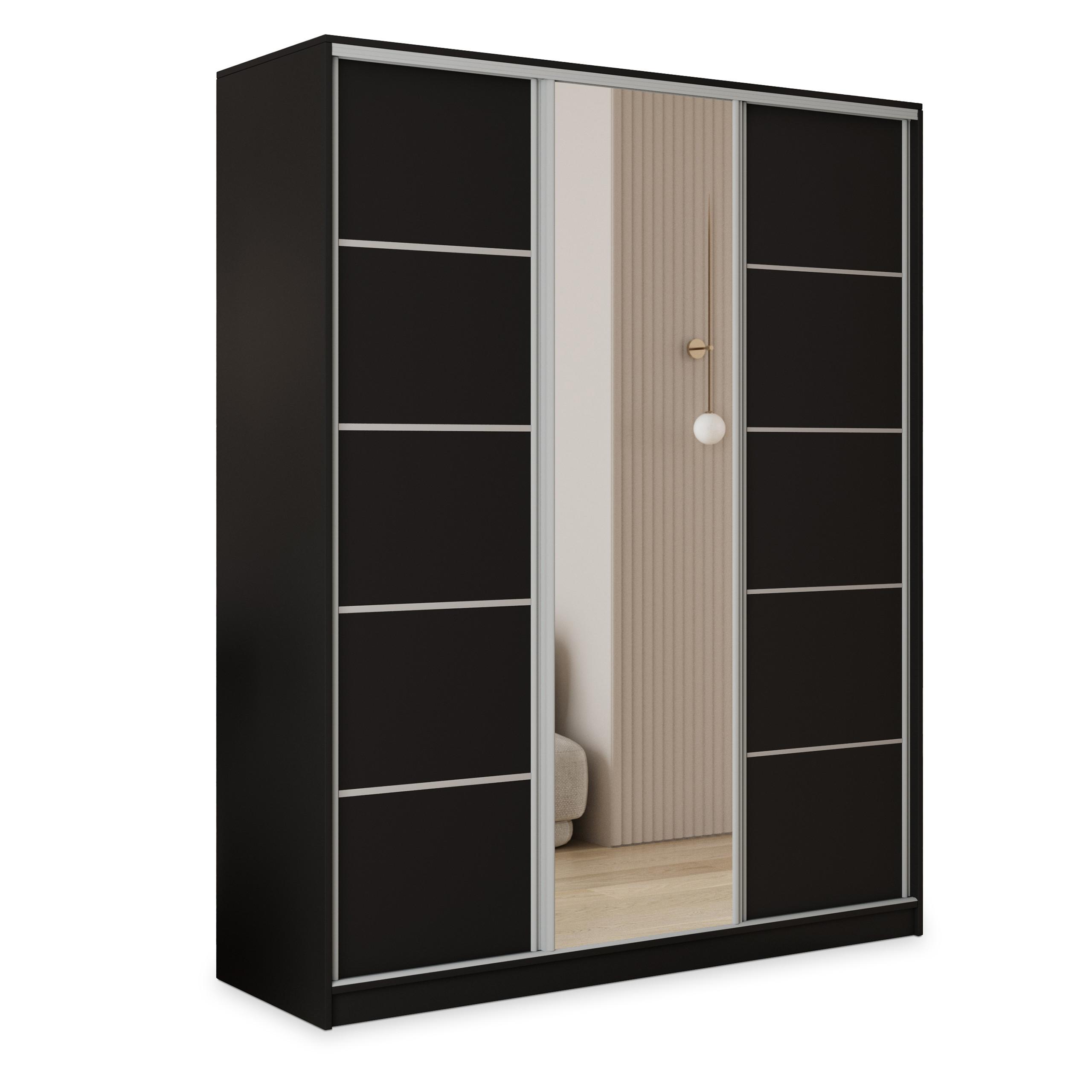SCHWEBETÜRENSCHRANK PINA 150/205/58 cm 3-türig mit Spiegel und Schubladen Schwarz - Silberfarben/Schwarz, Holzwerkstoff (150/205/58cm) - MASSENO