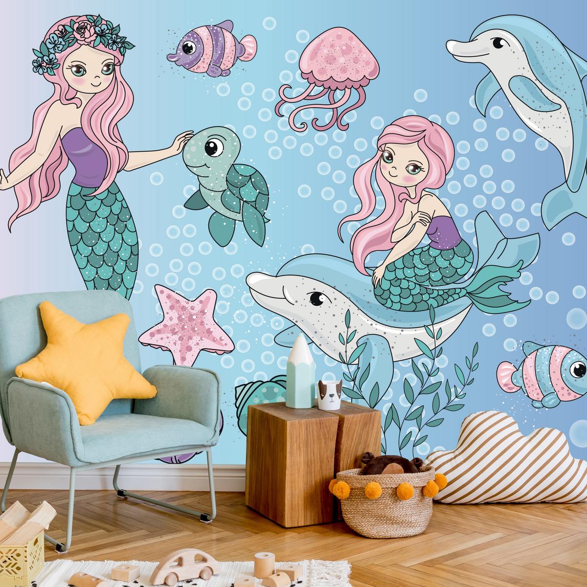 FOTOTAPETE für Kinderzimmer Meerjungfrauen Delfine Fische Muscheln Qualle Schildkröte 350x256 - Multicolor, Papier (350/256cm) - Muralo