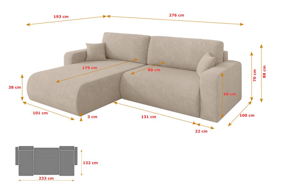 ECKSOFA mit Schlaffunktion Ottomane Links BERY-L 276x193x88 Beige Velours - Schwarz/Sahara, Holzwerkstoff/Kunststoff (276/193cm) - ALTDECOR