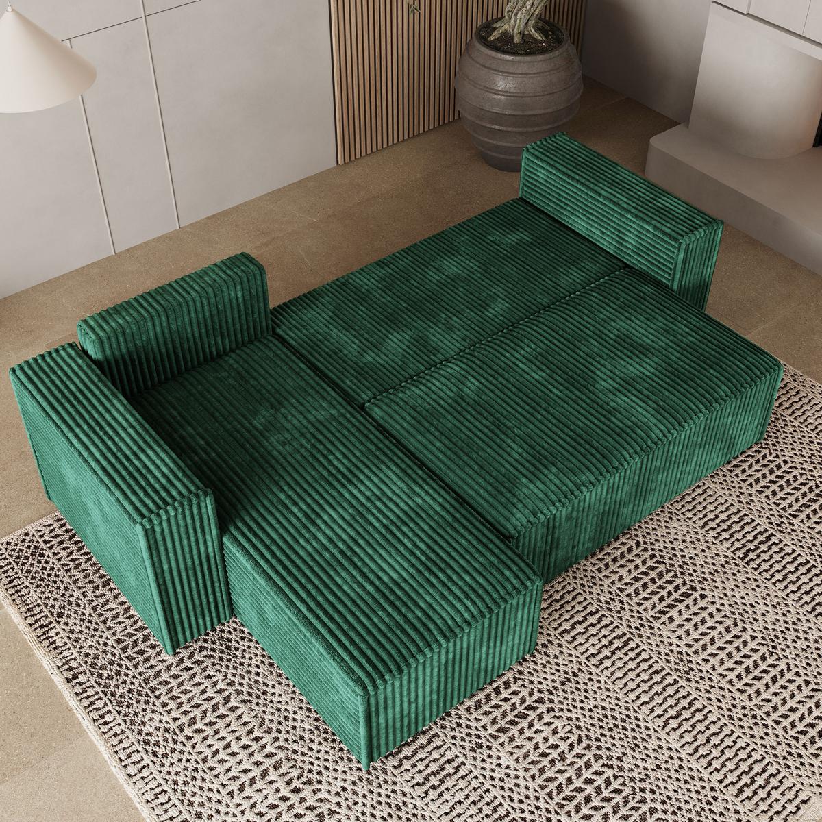 ECKSOFA RAVELO T Grün Kordstoff mit Schlaffunktion - Grau/Grün, Holz/Kunststoff (240/140cm) - MASSENO