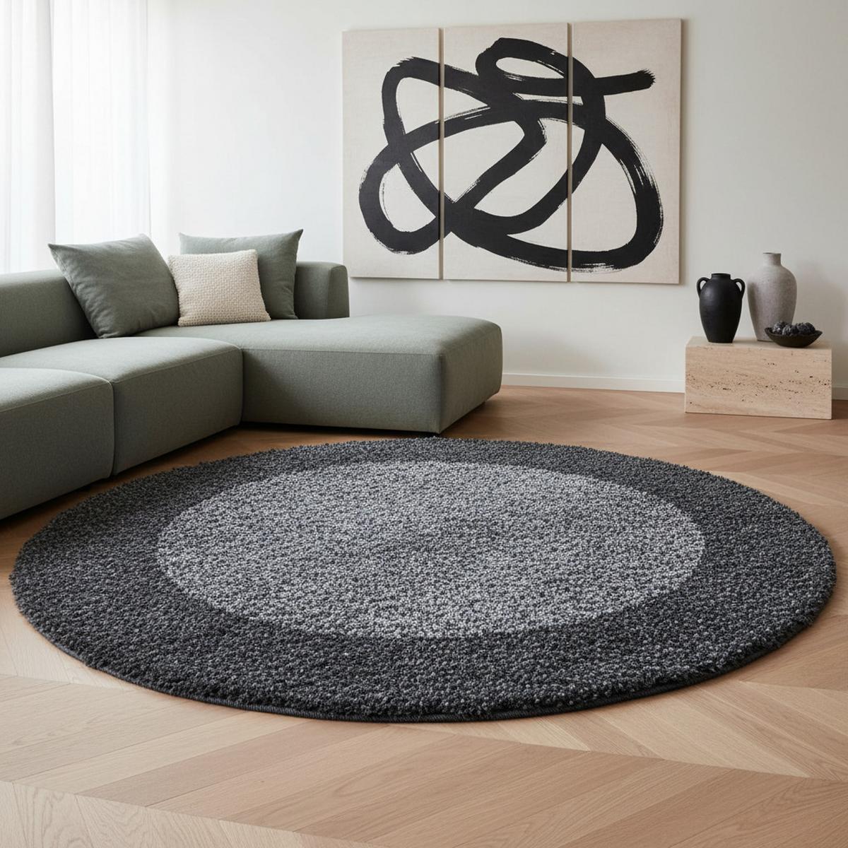 HOCHFLORTEPPICH RHEIN, mit Bordüre, Grau, Ø 200 cm - Grau, Textil (200/200cm) - KADIMA DESIGN