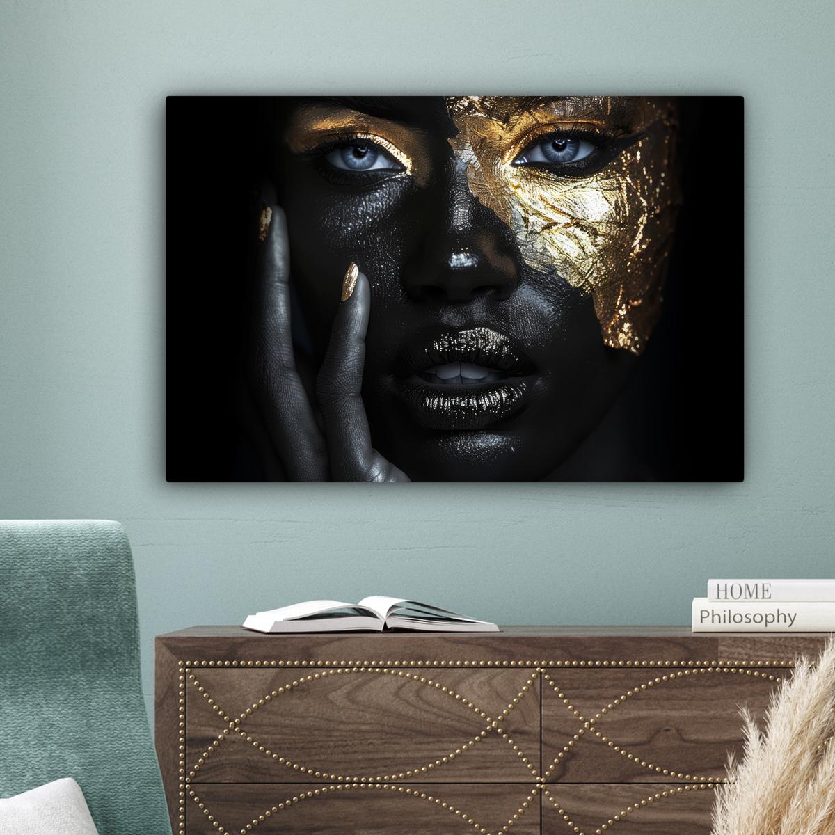 LEINWANDBILD Frau - Gold - Porträt - Schwarz-Weiß - Luxus Gemälde 60x40 cm - Hellblau, Textil (60/40cm) - MuchoWow
