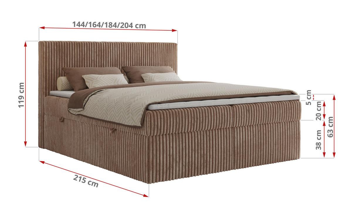 BOXBETT TILIANO 160/200 - Braun Cord - H3 - Braun, Textil (160/200cm) - MKS