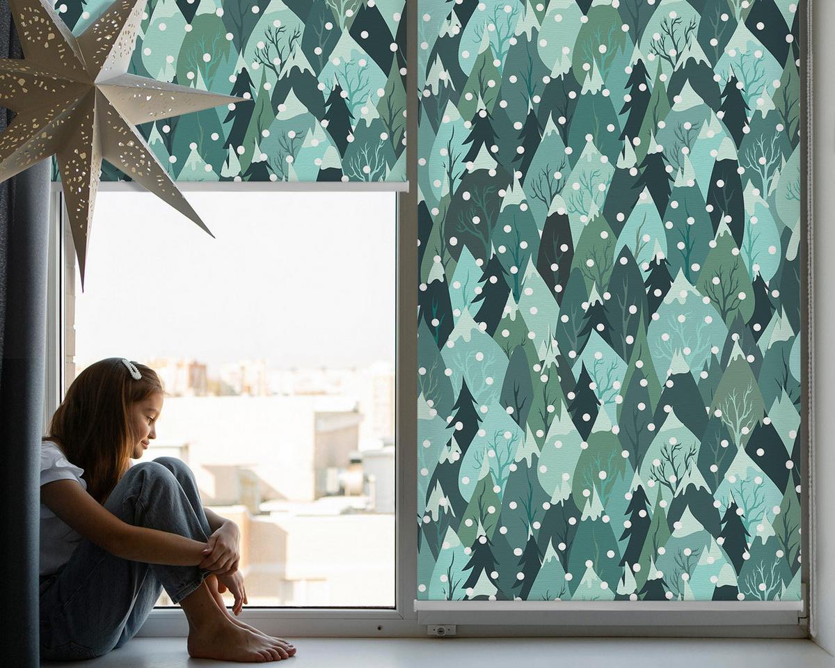 INNENROLLO - Fensterrollo - Rollo - 150x140 cm - Wald und fallender Schnee - Blau, Kunststoff (150/140/0.5cm) - TULUP