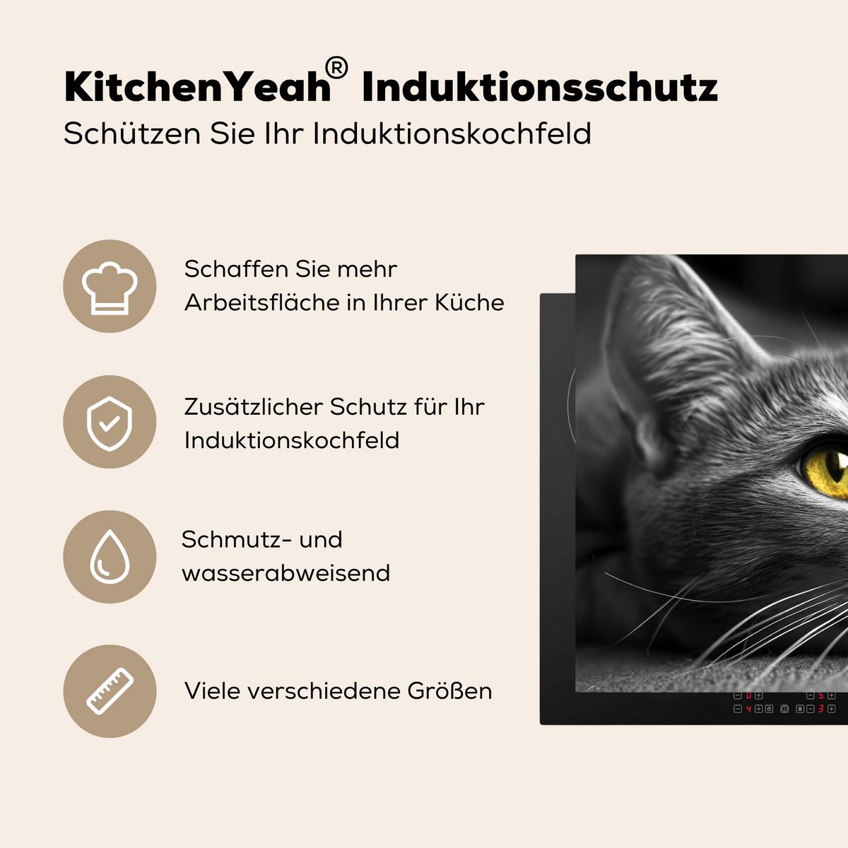 HERDABDECKPLATTE Katze - Grau - Tiere - Katze Herdabdeckung Induktionsfeld 75x52 cm - Grau, Kunststoff (75/52/0.2cm) - MuchoWow
