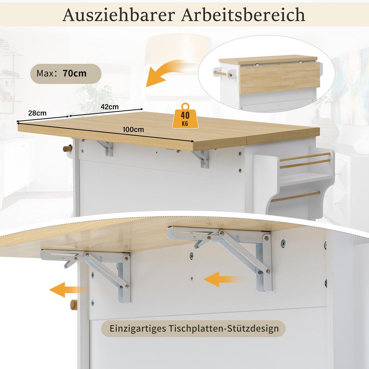 KÜCHENINSEL Mobile 100cm in Weiß & Natur - Weiß, Holzwerkstoff (100/92/42cm) - Urban Meuble