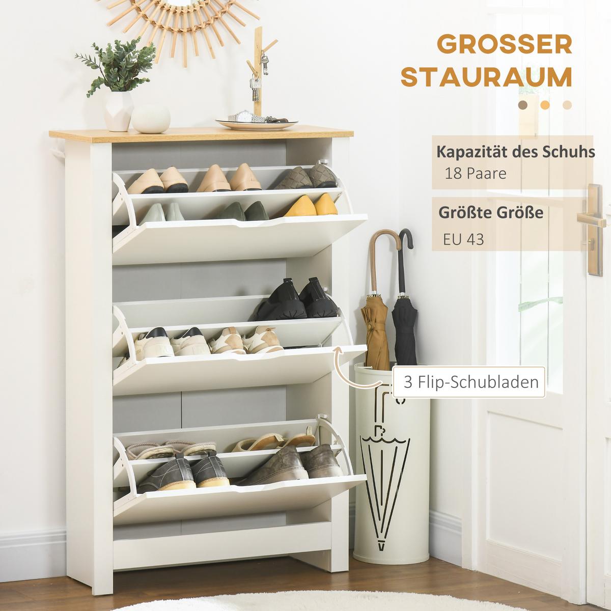 SCHUHSCHRANK Schuhregal mit Schublade Schuhständer für 18 Paar Schuhe Weiß+Natur - Weiß/Naturfarben, Holzwerkstoff/Kunststoff (26/112/72cm) - HOMCOM