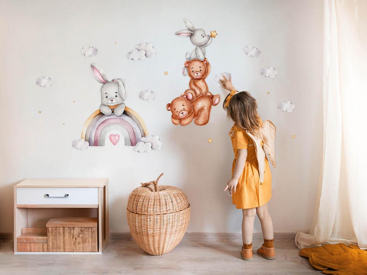 WANDAUFKLEBER 80x134cm - Hasen und Wolken - Multicolor, Kunststoff (80/134/0.1cm) - Wallfluent