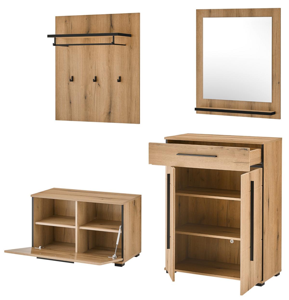 GARDEROBEN-SET Evoke Eiche 5-teilig 170 cm, Flurgarderobe mit Soft-Close - Dunkelgrau/Eichefarben, Glas/Holzwerkstoff (170/200/40cm) - Furn.Design